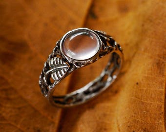Rose Quartz ring silver, tree branch ring with leaves, floral theme twig ring, leaf nature jewelry