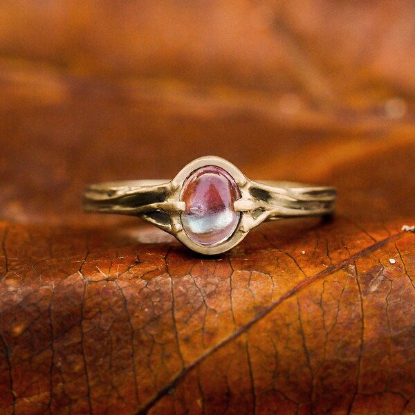 Tourmaline engagement gold ring, bi color natural crystal gemstone ring