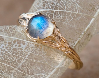 Labradorite ring “Tika” gold twig engagement ring, leaf & branch nature jewelry with blue green gemstone, leaves ring