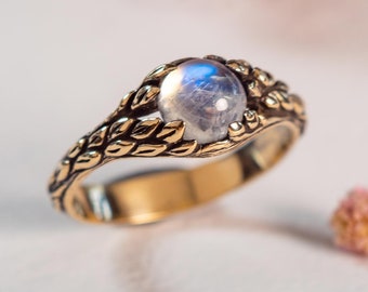 Moonstone ring Gao 14k solid gold moonstone jewelry, natural blue moonstone, engagement ring with gemstone, leaf ring, June birthstone