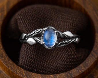 Moonstone engagement ring Tiu, Sterling silver nature rings for women, floral fantasy moonstone jewelry