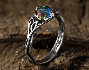 Opal ring Maa solid sterling silver jewelry, blue opal October birthstone promise ring, nature inspired leaf branch ring, Australian opal