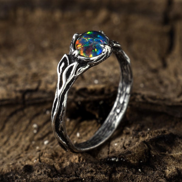 Opal ring Maa solid sterling silver jewelry, blue opal October birthstone promise ring, nature inspired leaf branch ring, Australian opal