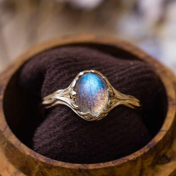 Blue Labradorite ring “Anuu”, 14k gold engagement ring, unique nature jewelry, vine wedding ring, unusual anniversary gift, gemstone ring