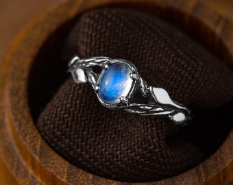 Moonstone ring Tiu sterling silver nature jewelry, rainbow moonstone birthstone engagement ring, gift for women floral leaves and twigs ring
