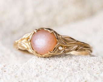 Peach Moonstone 14k solid gold ring “Tika”, vine leaves engagement ring, unique promise ring for her, birthstone nature wedding jewelry