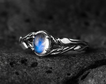 Moonstone engagement ring "Tiu", sterling silver leaf gemstone ring, nature inspired twig jewelry gift for women