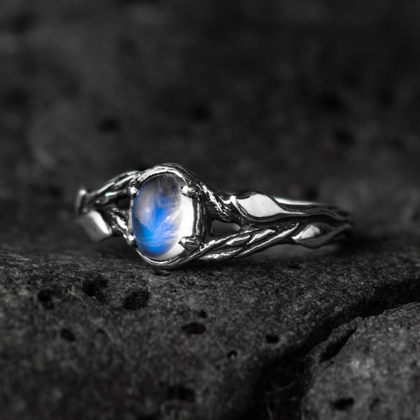 Moonstone engagement ring "Tiu", sterling silver leaf gemstone ring, nature inspired twig jewelry gift for women