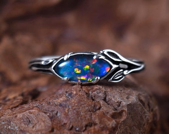 Opal Engagement Ring Novi, Sterling Silver Ring, Marquise Australian Opal Ring, Floral Dainty Ring, Delicate Nature Jewelry