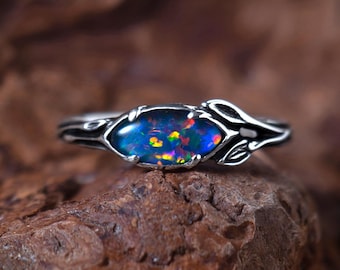 Opal Engagement Ring Novi, Sterling Silver Ring, Marquise Australian Opal Ring, Floral Dainty Ring, Delicate Nature Jewelry