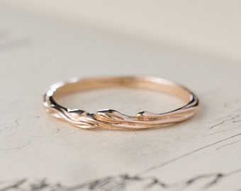 Gold ring "Juu" wedding stacking band, nature inspired twig branch ring, leaf floral 14k yellow rose white gold jewelry