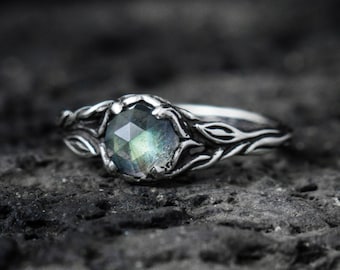 Labradorite ring “Tika” sterling silver twig engagement ring, leaf & branch nature jewelry with blue green gemstone, anniversary ring