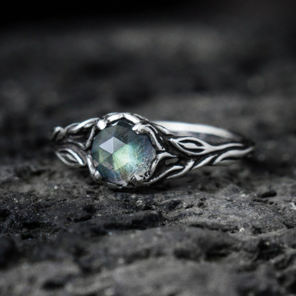 Labradorite ring “Tika” sterling silver twig engagement ring, leaf & branch nature jewelry with blue green gemstone, anniversary ring