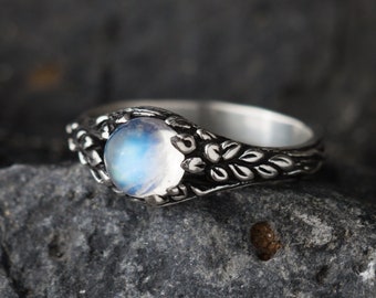 Sterling silver moonstone ring “Gao”, tree bark engagement natural ring, nature inspired jewelry, gift for girlfriend, vine leaves ring