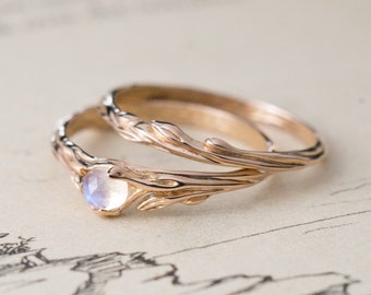 Moonstone ring set Lia + Juu, Moonstone engagement gold set, nature inspired wedding stacking ring set, 14k gold twig branch leaf jewelry