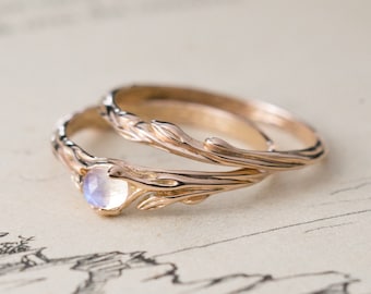 Moonstone ring set Lia + Juu, Moonstone engagement gold set, nature inspired wedding stacking ring set, 14k gold twig branch leaf jewelry