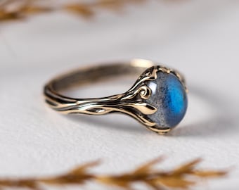 Labradorite 14k gold ring “Anuu”, Labradorite engagement black gold ring, birthstone minimalist anniversary ring, natural blue stone jewelry