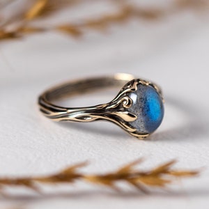 Labradorite 14k gold ring “Anuu”, Labradorite engagement black gold ring, birthstone minimalist anniversary ring, natural blue stone jewelry