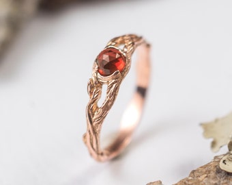 Nature engagement ring Iya with Garnet, 14k white yellow rose solid gold ring, January birthstone jewelry, dainty twig ring with leaf