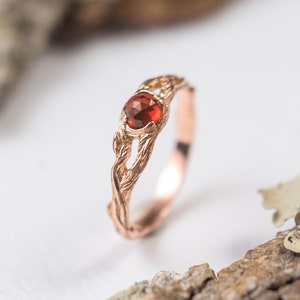 Nature engagement ring Iya with Garnet, 14k white yellow rose solid gold ring, January birthstone jewelry, dainty twig ring with leaf 14k rose gold