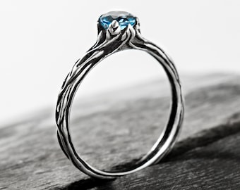 Blue topaz engagement ring "Yona", twig branch nature inspired sterling silver jewelry with faceted round cut gemstone