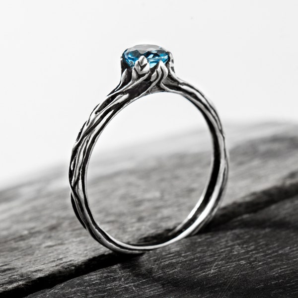 Blue topaz engagement ring "Yona", twig branch nature inspired sterling silver jewelry with faceted round cut gemstone
