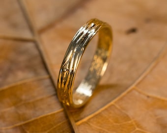 Mens twig engagement gold ring Kunn, nature jewelry, tree textured wedding band