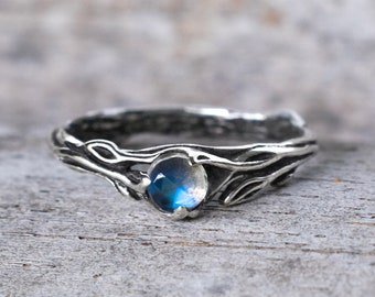 Bague en pierre de lune « Lia » en argent sterling, bague de fiançailles en pierre de lune, bijoux en pierre de lune, bague en pierre précieuse de brindille de feuille de branche rustique inspirée de la nature