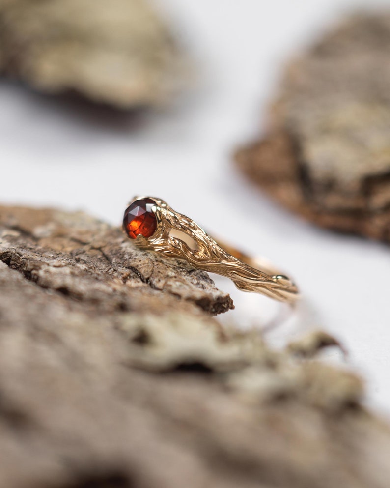 Nature engagement ring Iya with Garnet, 14k white yellow rose solid gold ring, January birthstone jewelry, dainty twig ring with leaf image 5