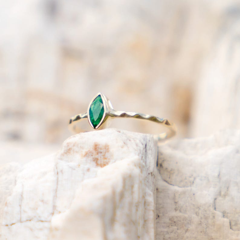 alternative 14k gold ring with green stone gemstone delicate stacking ring Natural emerald engagement ring