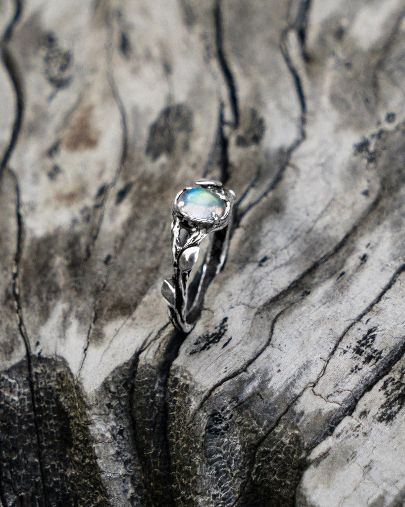 nature inspired twig jewelry gift for women Moonstone engagement ring Tiu sterling silver leaf gemstone ring