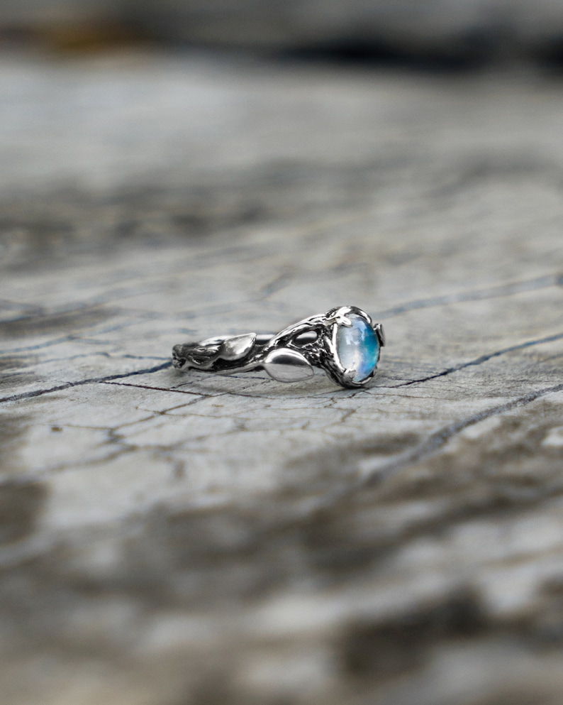 nature inspired twig jewelry gift for women Moonstone engagement ring Tiu sterling silver leaf gemstone ring