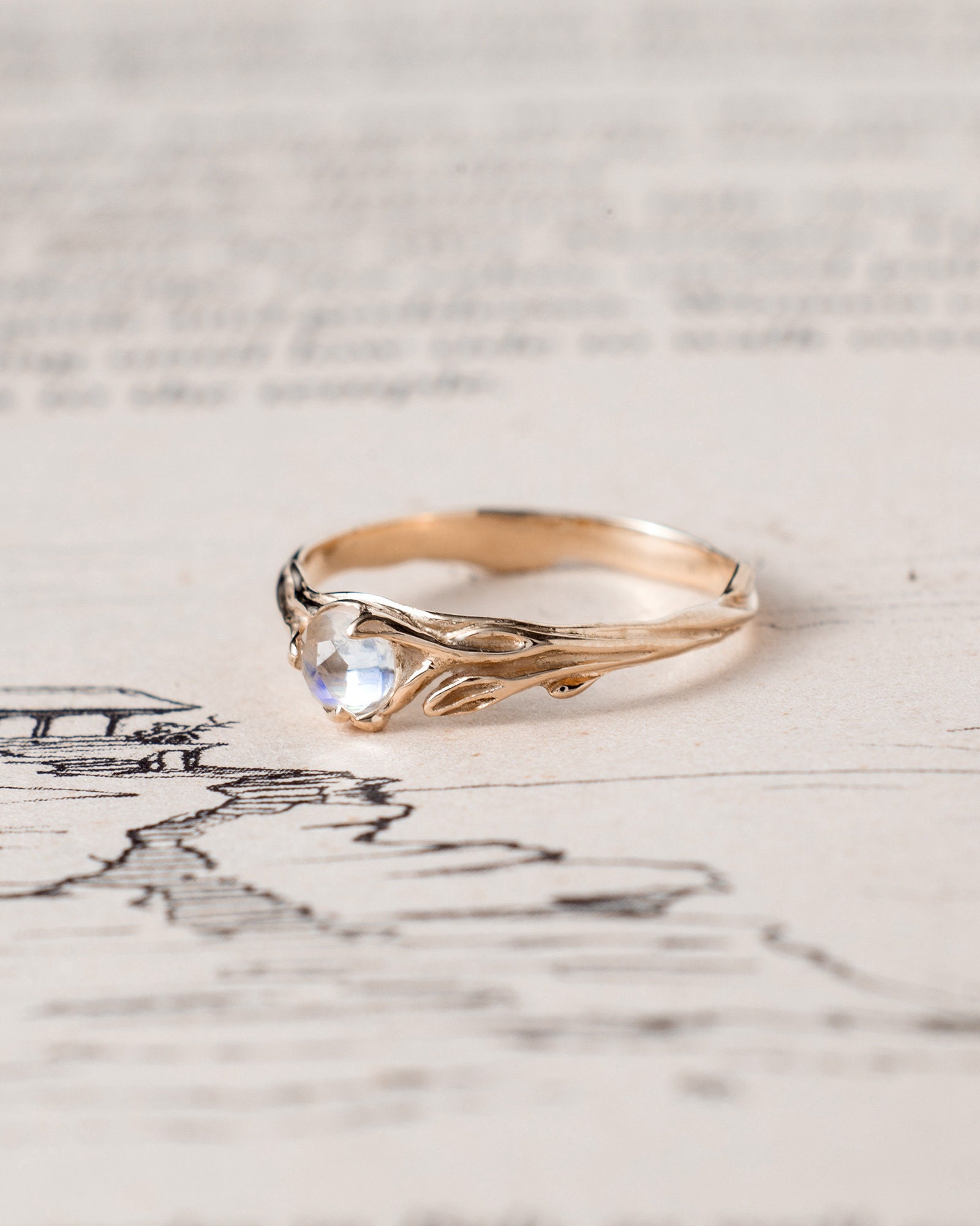 Moonstone engagement ring Lia nature inspired 14k rose gold