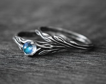 Moonstone ring set Lia + Juu, sterling silver nature-inspired wedding ring set, minimalist band women, moonstone dainty vintage ring set