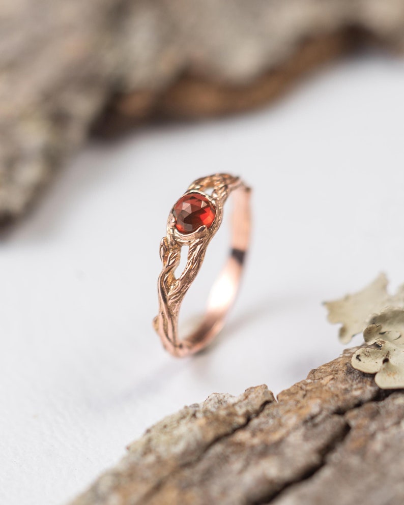 Nature engagement ring Iya with Garnet, 14k white yellow rose solid gold ring, January birthstone jewelry, dainty twig ring with leaf 14k rose gold