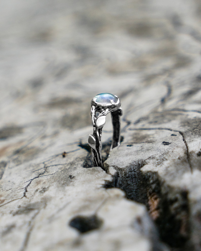 nature inspired twig jewelry gift for women Moonstone engagement ring Tiu sterling silver leaf gemstone ring