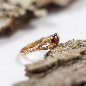 Nature engagement ring Iya with Garnet, 14k white yellow rose solid gold ring, January birthstone jewelry, dainty twig ring with leaf image 6