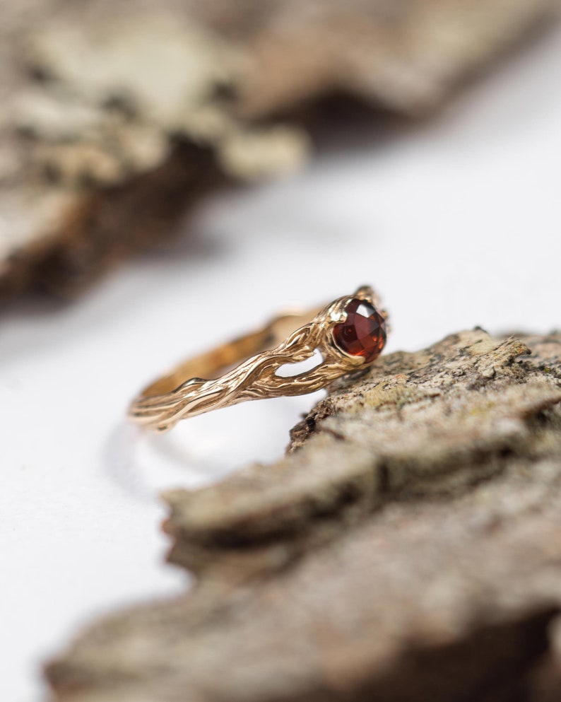 Nature engagement ring Iya with Garnet, 14k white yellow rose solid gold ring, January birthstone jewelry, dainty twig ring with leaf image 6