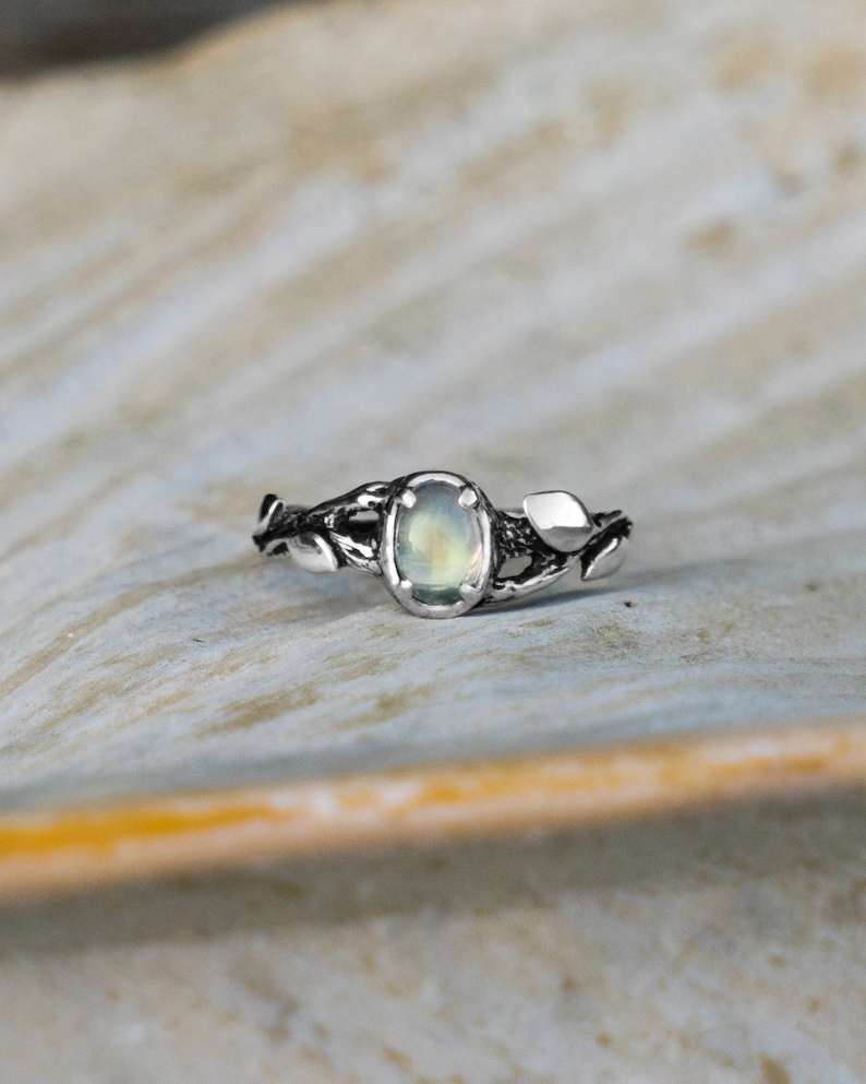 nature inspired twig jewelry gift for women Moonstone engagement ring Tiu sterling silver leaf gemstone ring