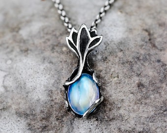 Moonstone necklace "Unga", sterling silver pendant with flower, nature floral jewelry with genuine gemstone for women