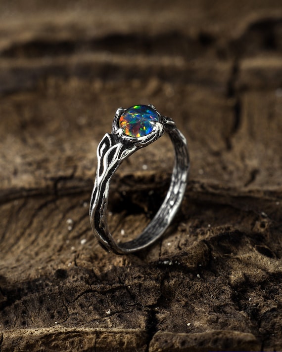 Opal Ring Maa Solid Sterling Silver Jewelry Blue Opal October Birthstone Promise Ring Nature Inspired Leaf Branch Ring Australian Opal Etsy