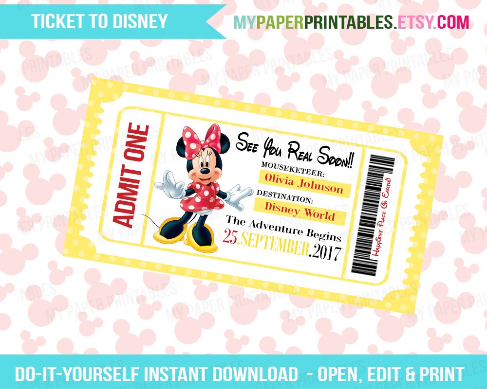 Printable Ticket To Disney DIY Personalize INSTANT DOWNLOAD | Etsy