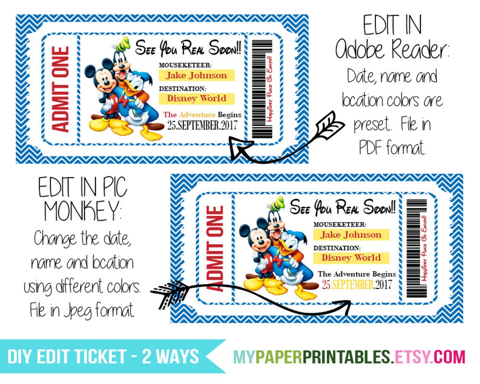 Printable Ticket To Disney DIY Personalize INSTANT DOWNLOAD | Etsy