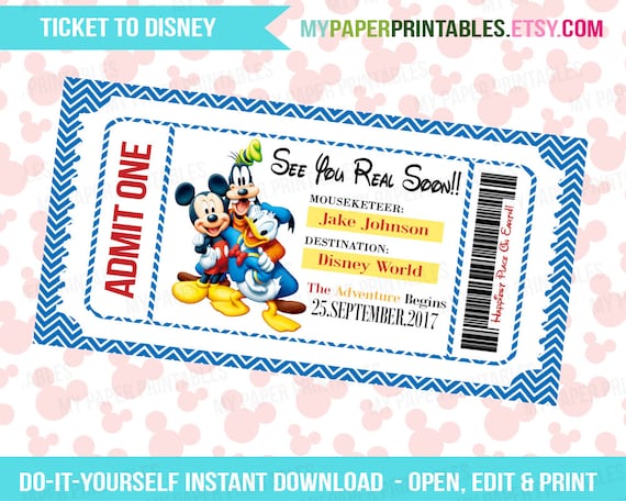 Printable Ticket To Disney DIY Personalize INSTANT