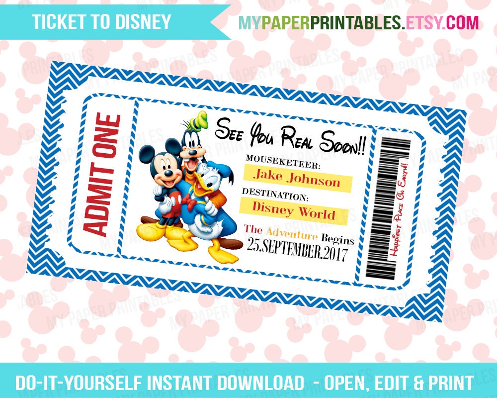 printable ticket to disney diy personalize instant download etsy