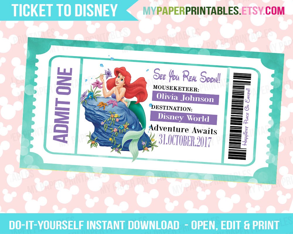 Ariel Disney Princess Printable Ticket To Disney DIY | Etsy Ariel Disney Princess Printable Ticket To Disney DIY | Etsy