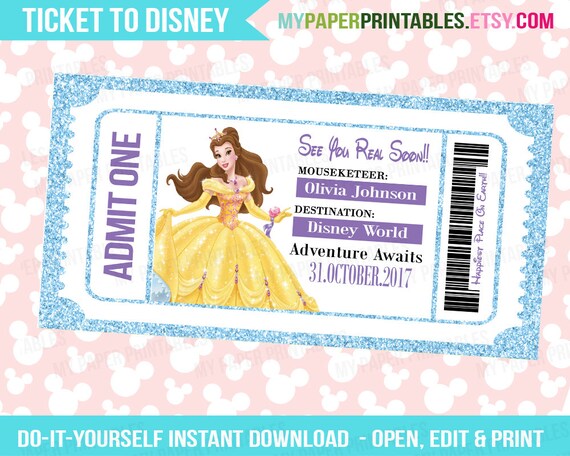 Belle Disney Princess Printable Ticket To Disney DIY | Etsy