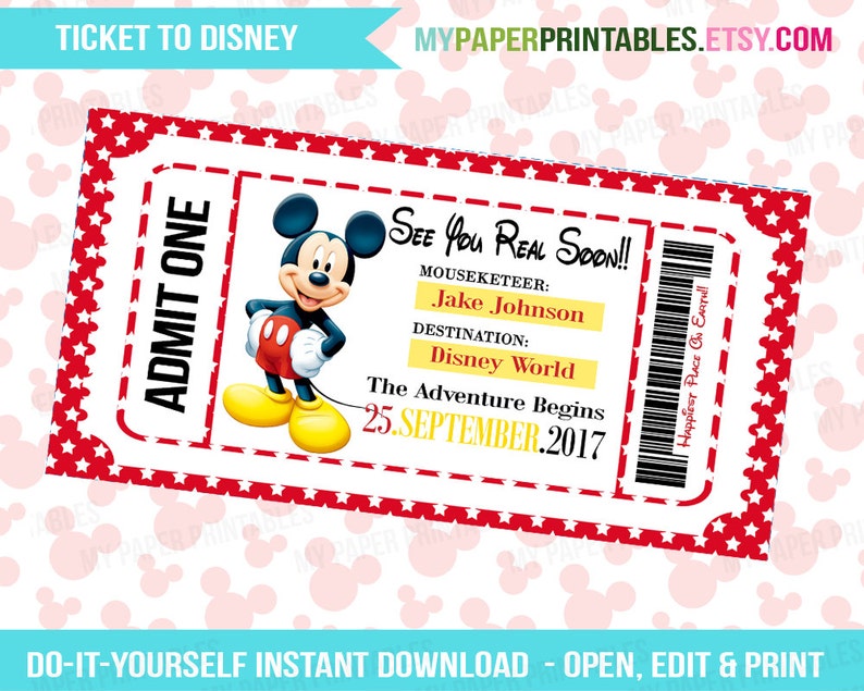 printable ticket to disney diy personalize instant