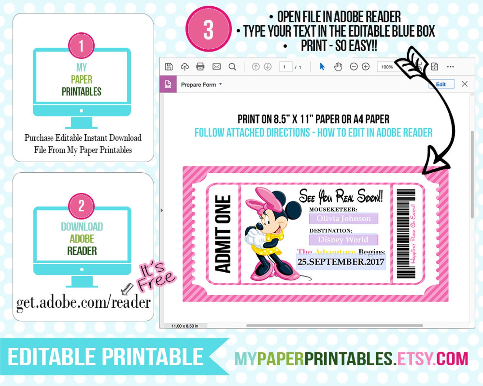 Printable Ticket To Disney DIY Personalize INSTANT DOWNLOAD | Etsy