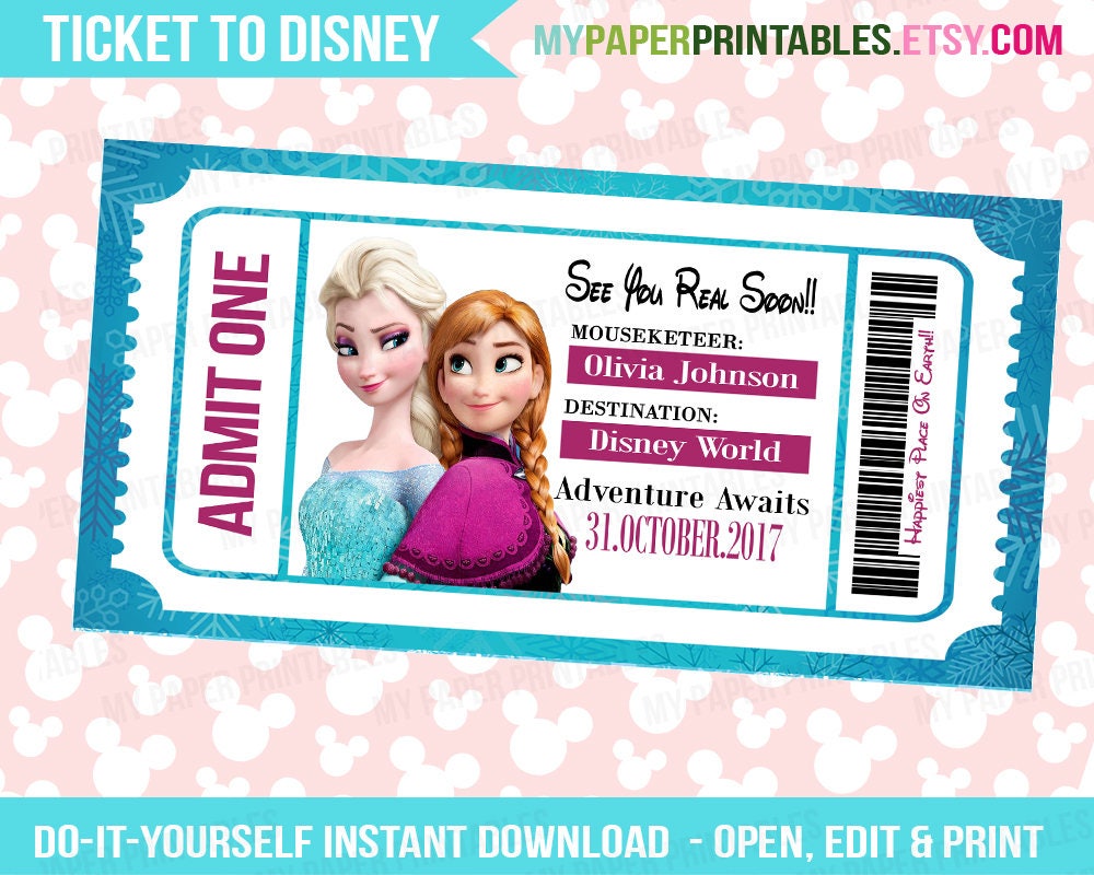 Elsa Anna Disney Frozen Princess Printable Ticket To Disney Etsy